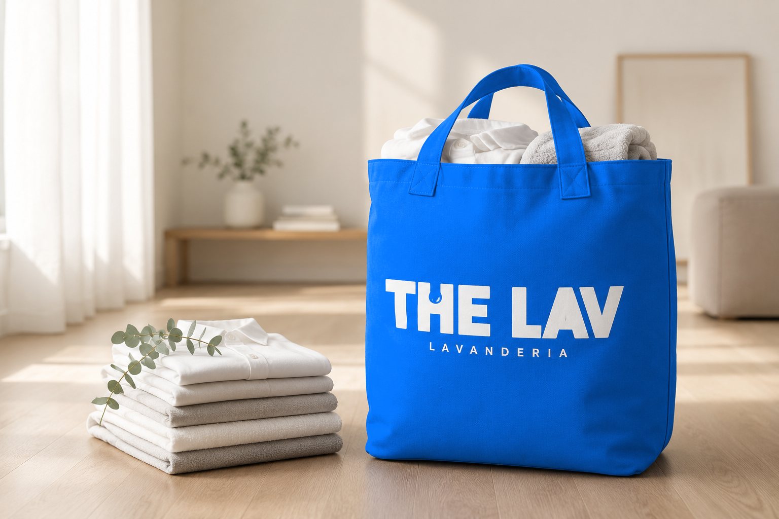 Sacola da The Lav Lavanderia ao lado de roupas lavadas e dobradas